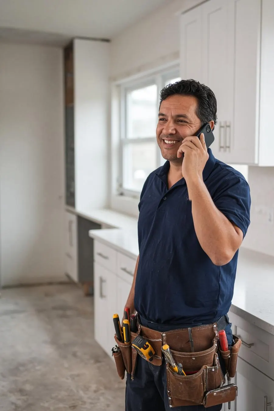 Contratista sonriendo mientras contesta una llamada en una cocina en remodelación
