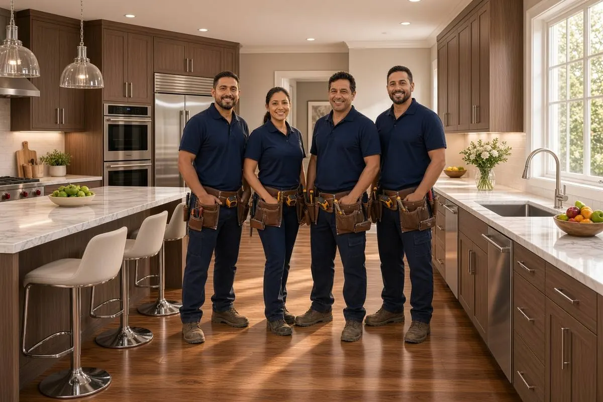 Equipo de remodelación con uniforme azul marino en una cocina terminada