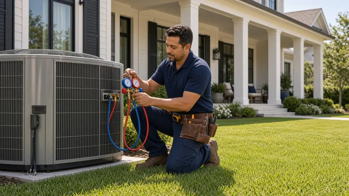 Técnico de HVAC revisando una unidad de aire acondicionado frente a una casa